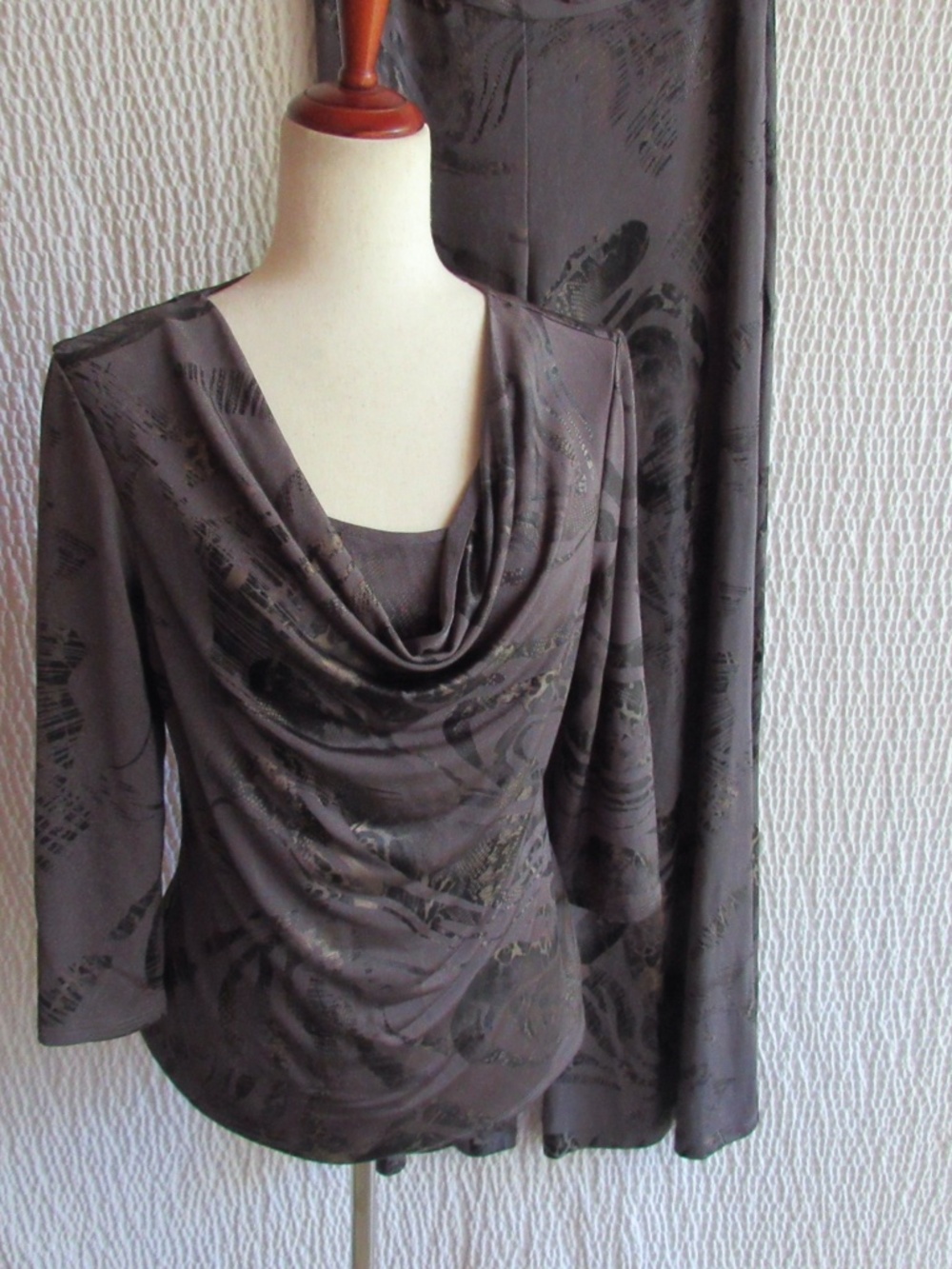 Frank Lyman Outfit M 10 Gray Black Abstract Set Wide Leg Pants Cowl Top Metallic